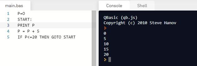 1. P=O START: PRINT PP = P + 5 IFP <=20 THEN GOTO START: * what is output​-example-1