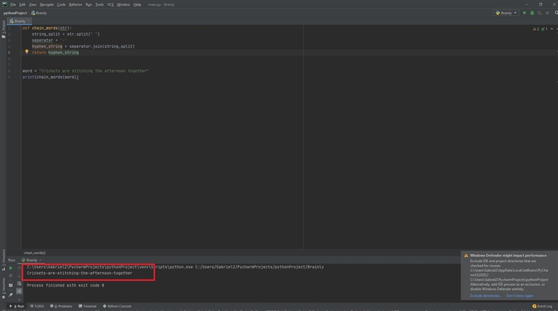 g Write a function called chain_words(str) which takes in one parameter which is a-example-1