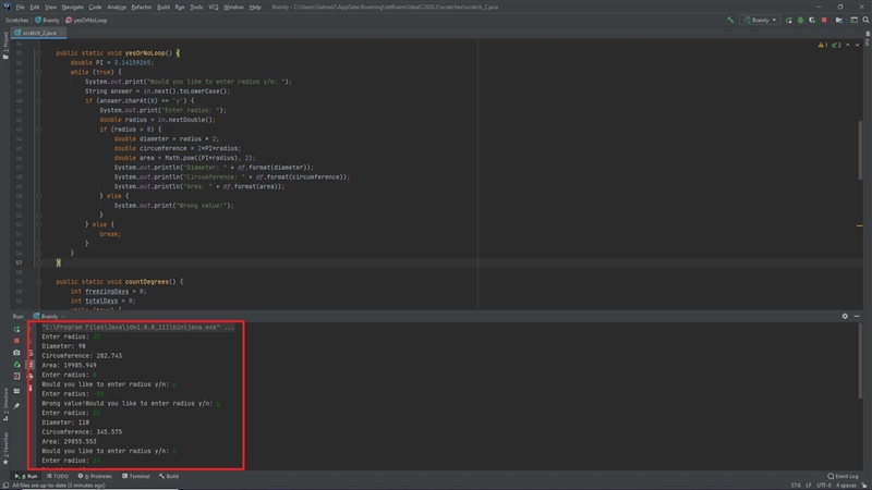 DR JAVA Write a program that includes the following while loops. Input radius (double-example-1