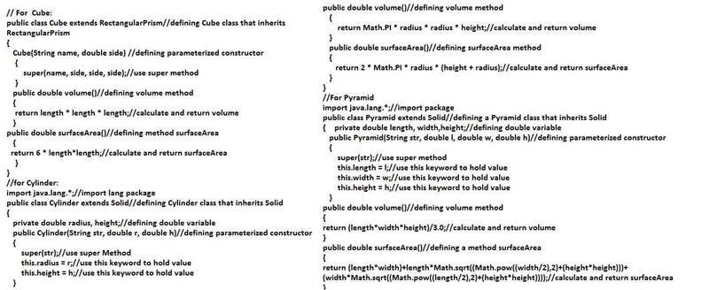 Given the Solid class, extend it with: Pyramid Cylinder RectangularPrism Sphere Make-example-2