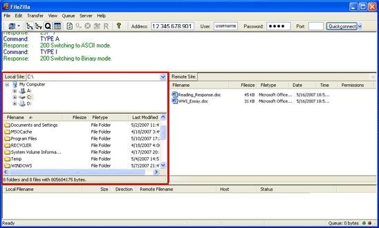 In the screenshot of Filezilla shown below, what is the purpose of the windows outlined-example-1