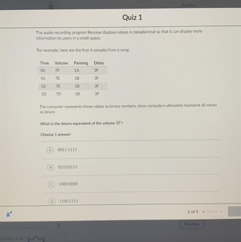 What is the binary equivalent of the volume 3F? A. 0011 1111 B. 0110 0111 C. 1000 0000 D-example-1