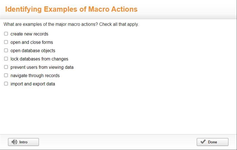 What are examples of the major macro actions? Check all that apply. A) create new-example-1