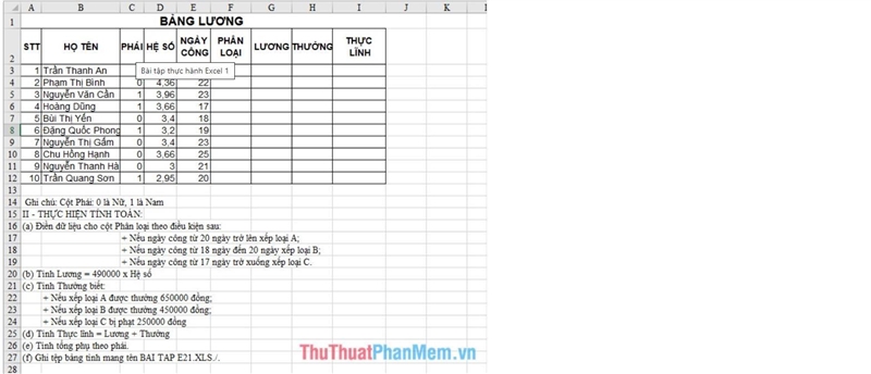 Điền dữ liệu cho cột Phân loại theo điều kiện sau: + Nêu ngày công từ 20 ngày trở l-example-1