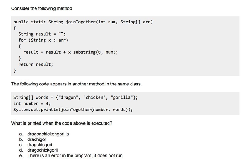 Consider the following method: public static String joinTogether(int num, String[] arr-example-1