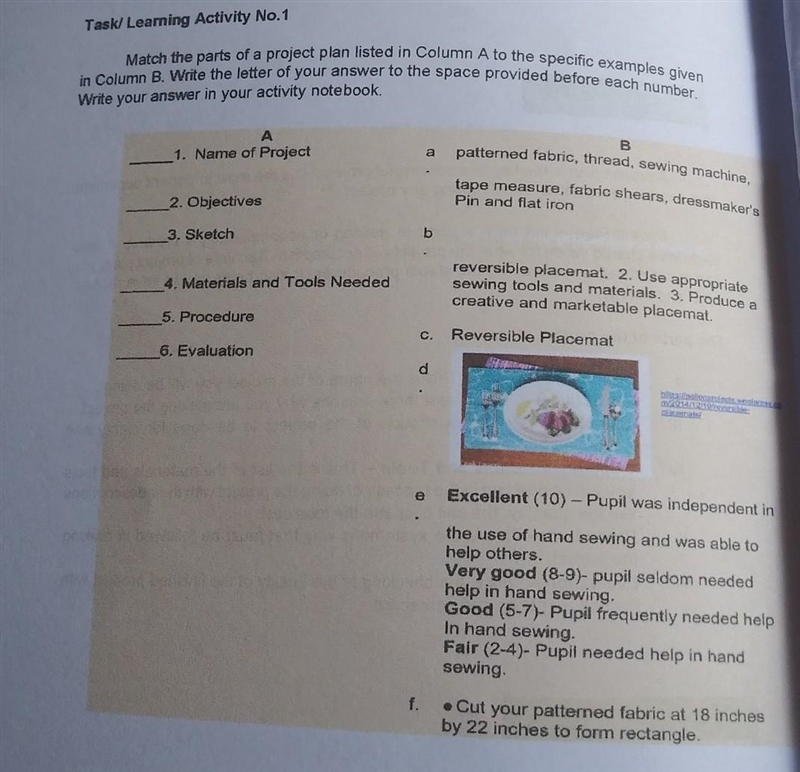 match the parts of a project plan listed in Column A to the specific examples given-example-1