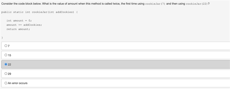 Consider the code block below. What is the value of amount when this method is called-example-1