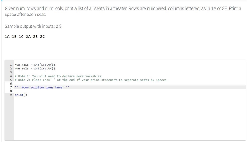 Given num_rows and num_columns, print a list of all seats in a theater. Rows are numbered-example-1