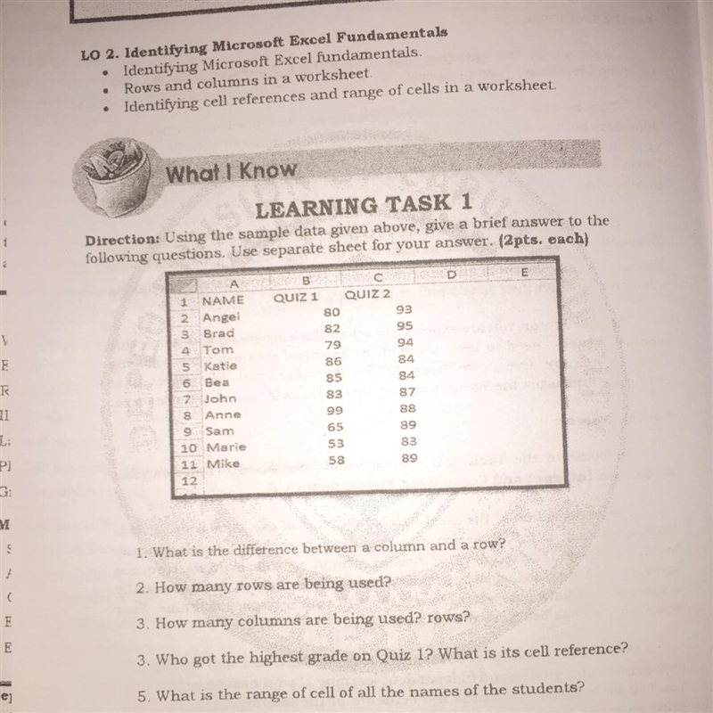 1. What is the difference between a columnn and a row? 2. How many rows are being-example-1