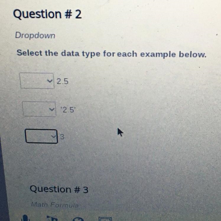 Select the data type for each example below. Possible answers -Int -float -string-example-1