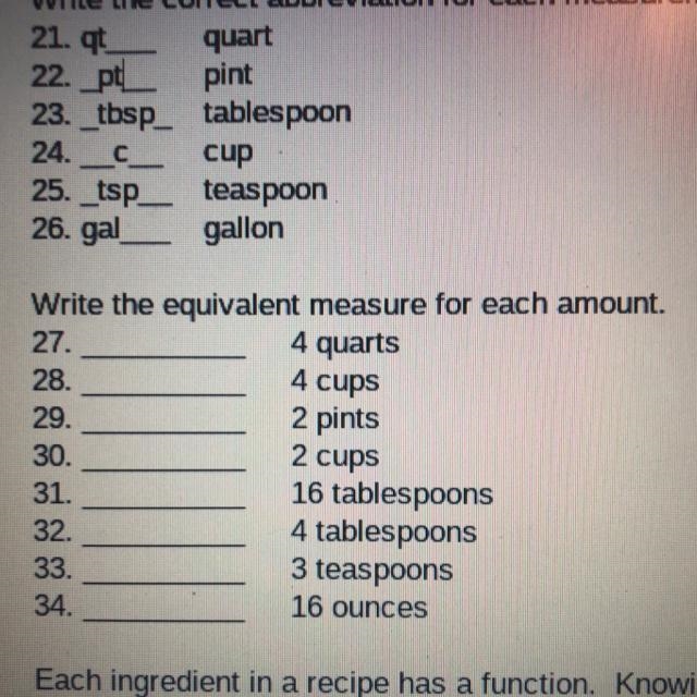 4 cups 2 pints Write the equivalent measure for each amount. 27. 4 quarts 28. 29. 30. 2 cups-example-1