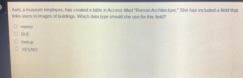 Aarti, a museum employee, has created a table in access titled “Roman Achitecture-example-1