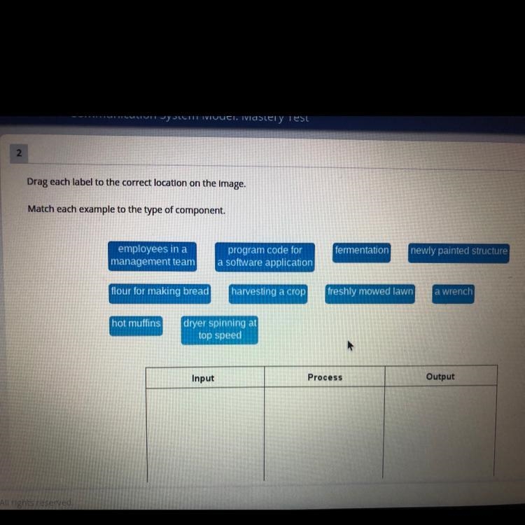 Match each example to the type of component, either Input, Process, or Output. fermentation-example-1