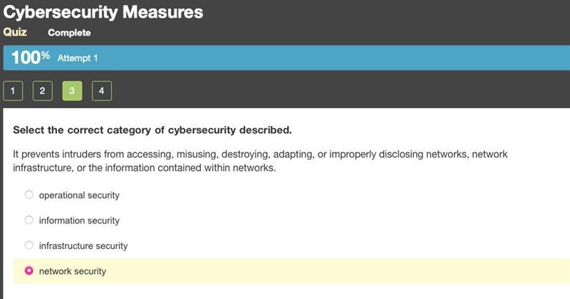 Select the correct category of cybersecurity described. It prevents intruders from-example-1