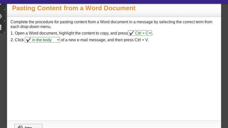 Complete the procedure for pasting content from a Word document in a message by selecting-example-1