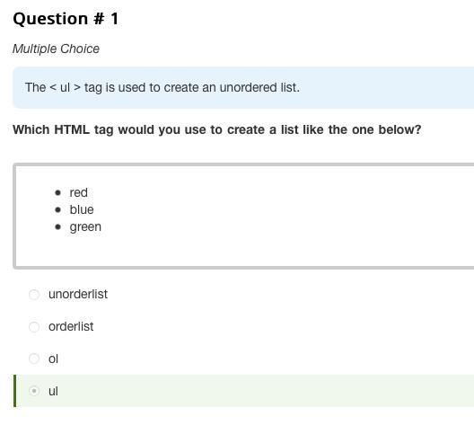 Which HTML tag would you use to create a list like the one below? red blue green ol-example-1