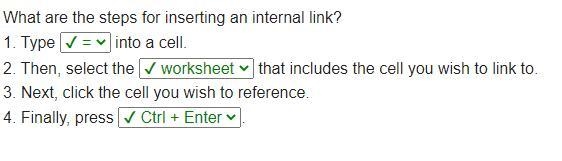 What are the steps for inserting an internal link? 1. Type (=, blank, $, !) into a-example-1