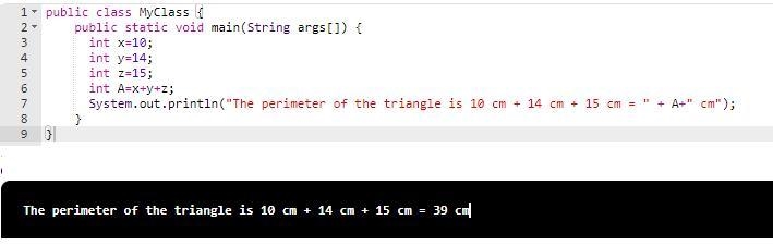 Write a java program to find the perimeter of a triangle with sides measuring 10cm-example-1