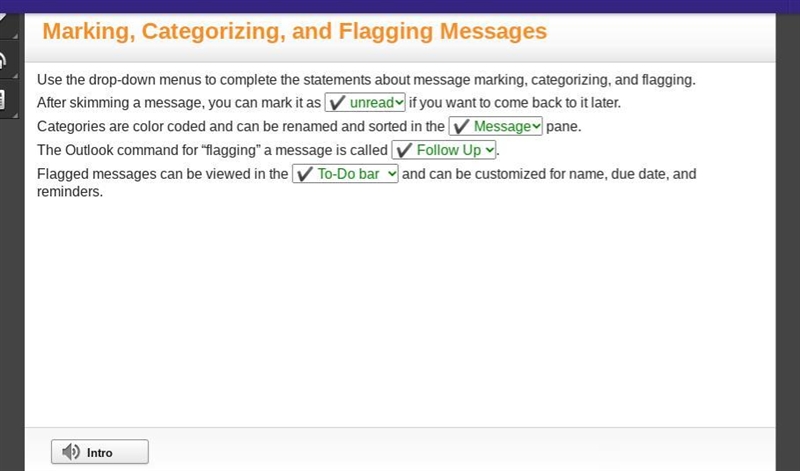 Use the drop-down menus to complete the statements about message marking, categorizing-example-1