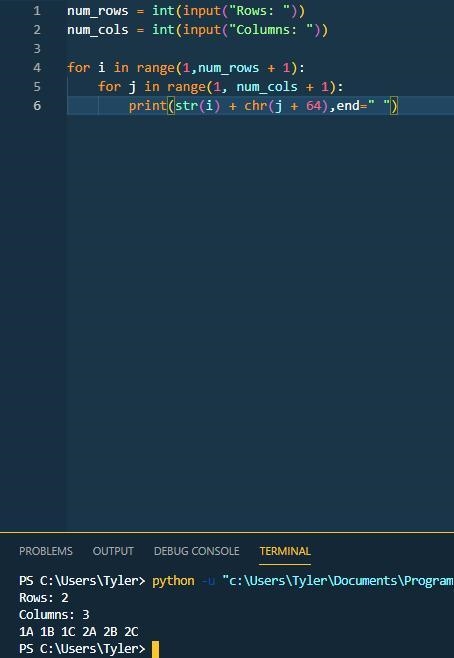 Given num_rows and num_columns, print a list of all seats in a theater. Rows are numbered-example-1