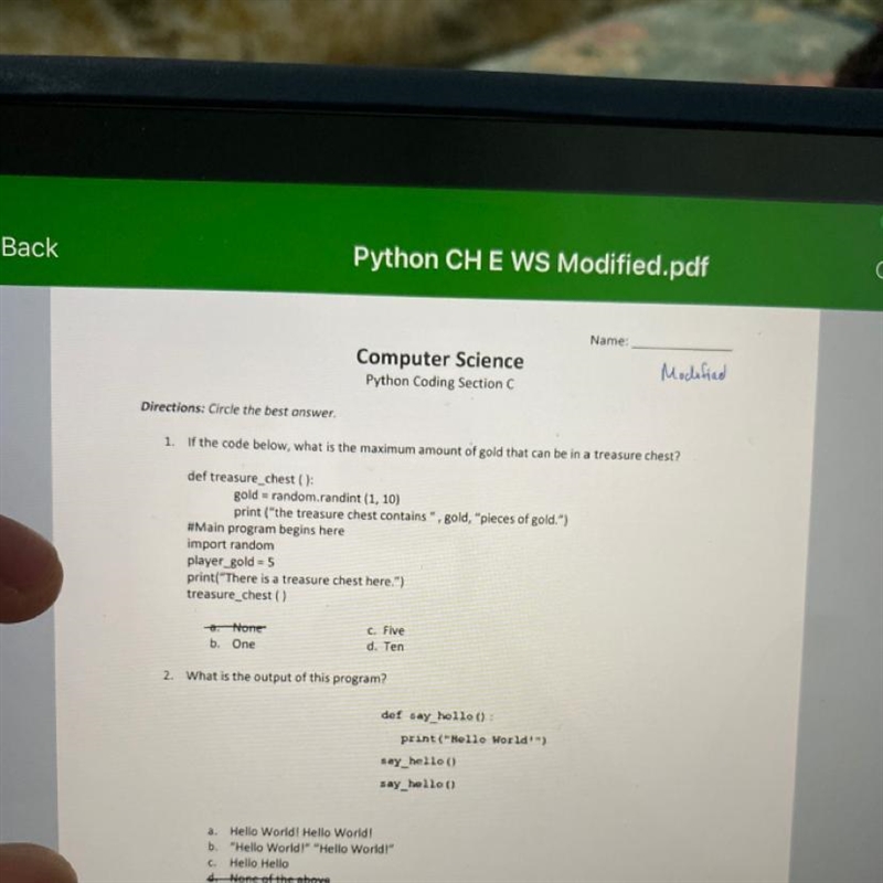 Name: Computer Science Modified Python Coding Section C Directions: Circle the best-example-1