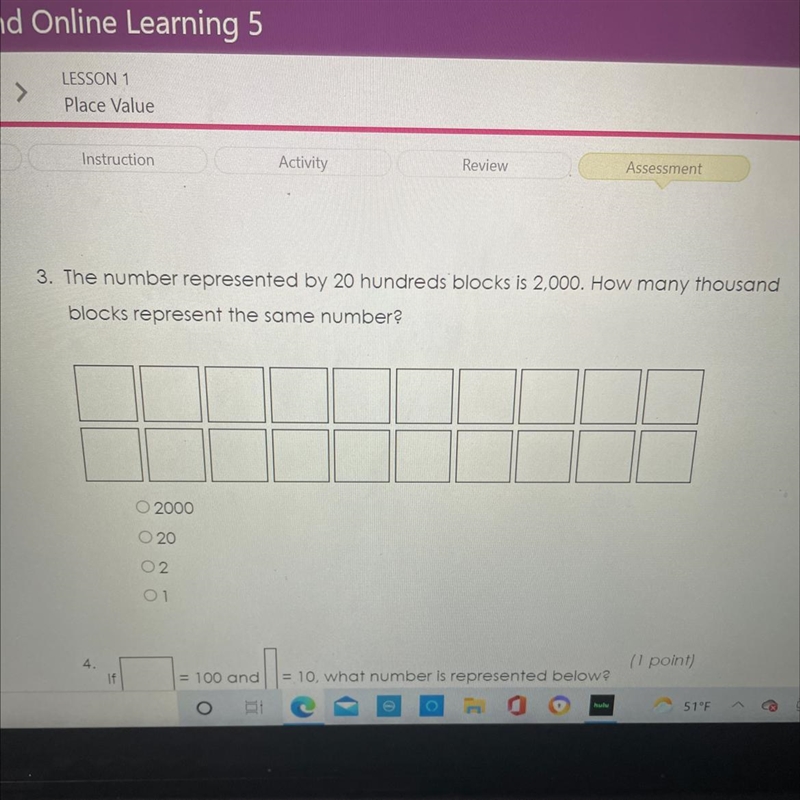 The number represented by 20 hundreds blocks is 2,000. How many thousand blocks represent-example-1