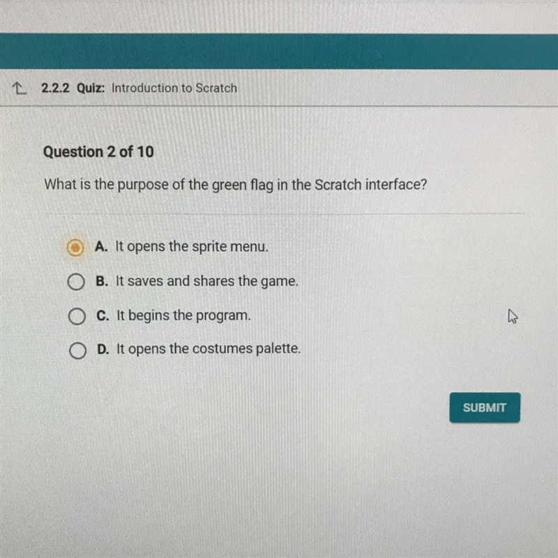 What is the purpose of the green flag in the Scratch interface? A. It opens the sprite-example-1