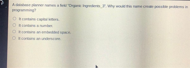 A database planner names a field “Organic ingredients_3”. Why would this name Create-example-1