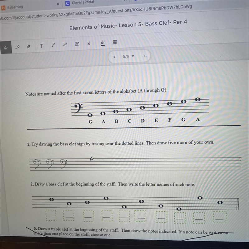 Try drawing the bass clef sign by tracing over the dotted lines. then draw five more-example-1