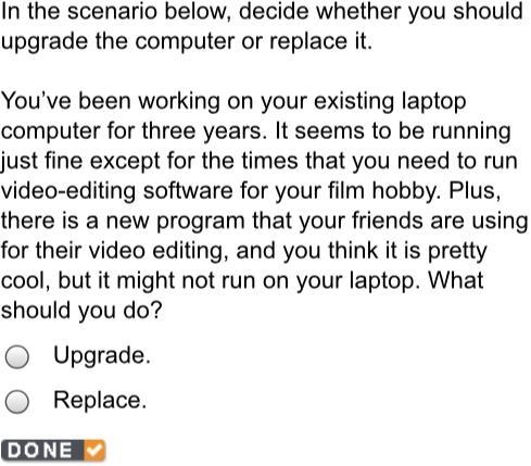 In the scenario below, decide whether you should upgrade the computer or replace it-example-1