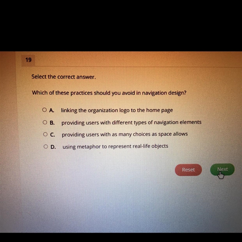 Select the correct answer. Which of these practices should you avoid in navigation-example-1