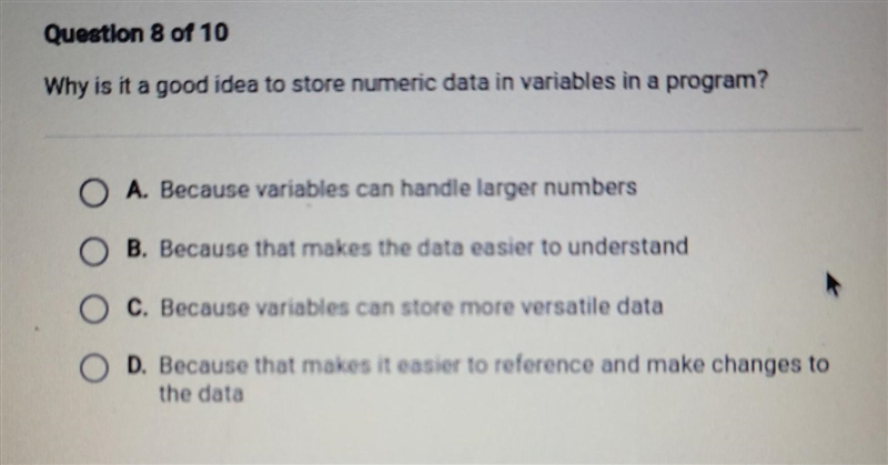 !!help!! Why is it a good idea to store numeric data in variables in a program?​-example-1