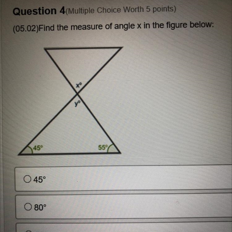 PLS HELP ME FAST!!! Find the measure of angle x in the figure below: Answer Choices-example-1