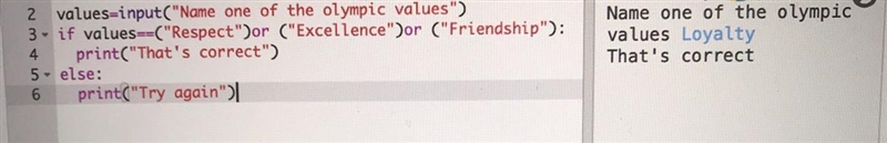 I want this program to ask the user to name of the Olympic values and if they correctly-example-1