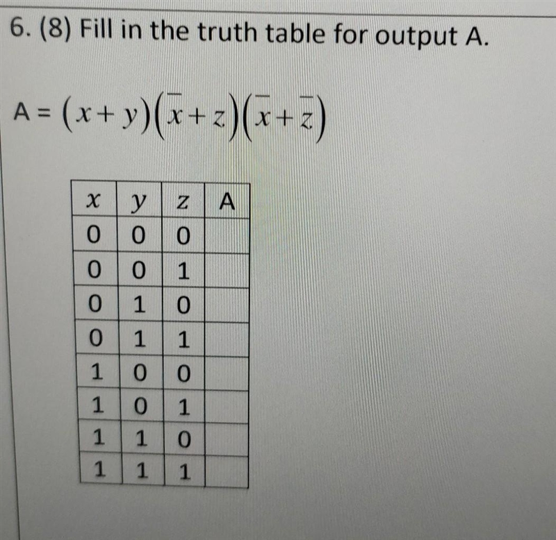 Fill in the truth table for output A. A = (x+y)(x'+z')(x'+z')​-example-1