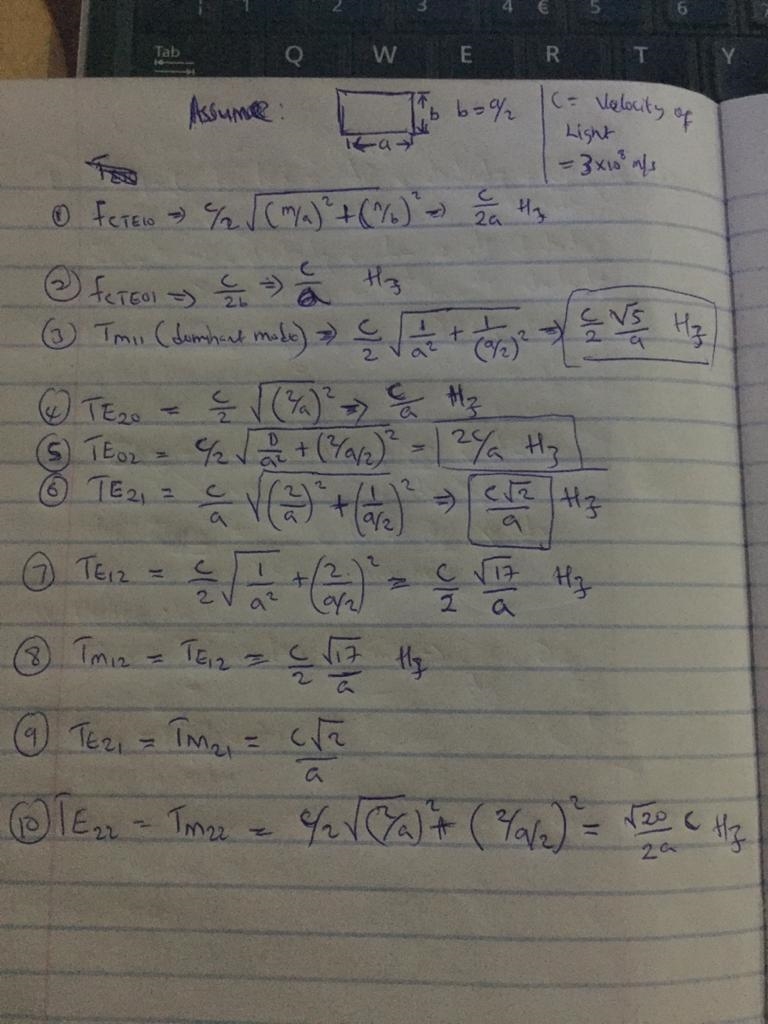 List, in ascending order, the cutoff frequencies for the first ten modes of a rectangular-example-1