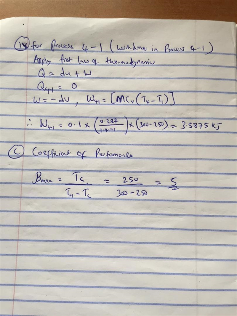 One - tenth kilogram of air as an ideal gas with k= 1.4 executes a carnot refrigeration-example-4