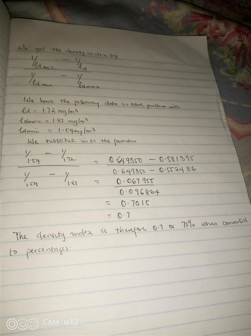 The in-situ dry density of a sand is 1.72Mg/m3. The maximum and minimum drydensities-example-1