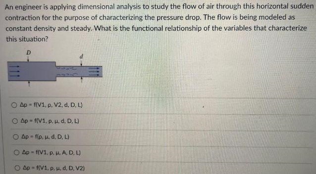 An engineer is applying dimensional analysis to study the flow of air through this-example-1