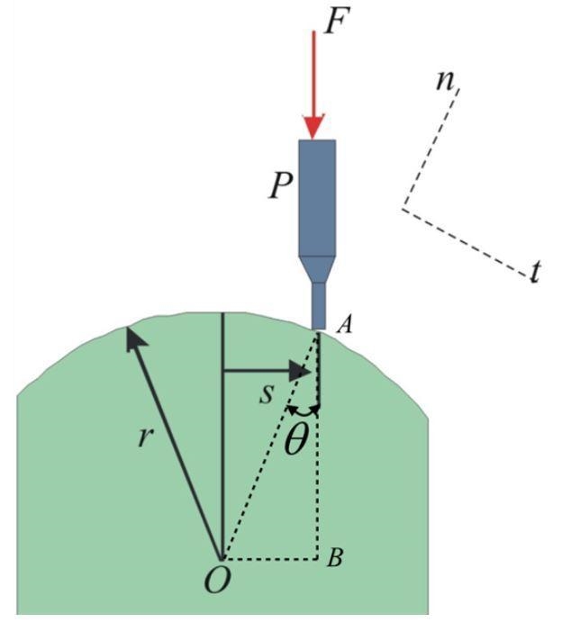 A small probe P is gently forced against the circular surface with a vertical force-example-2