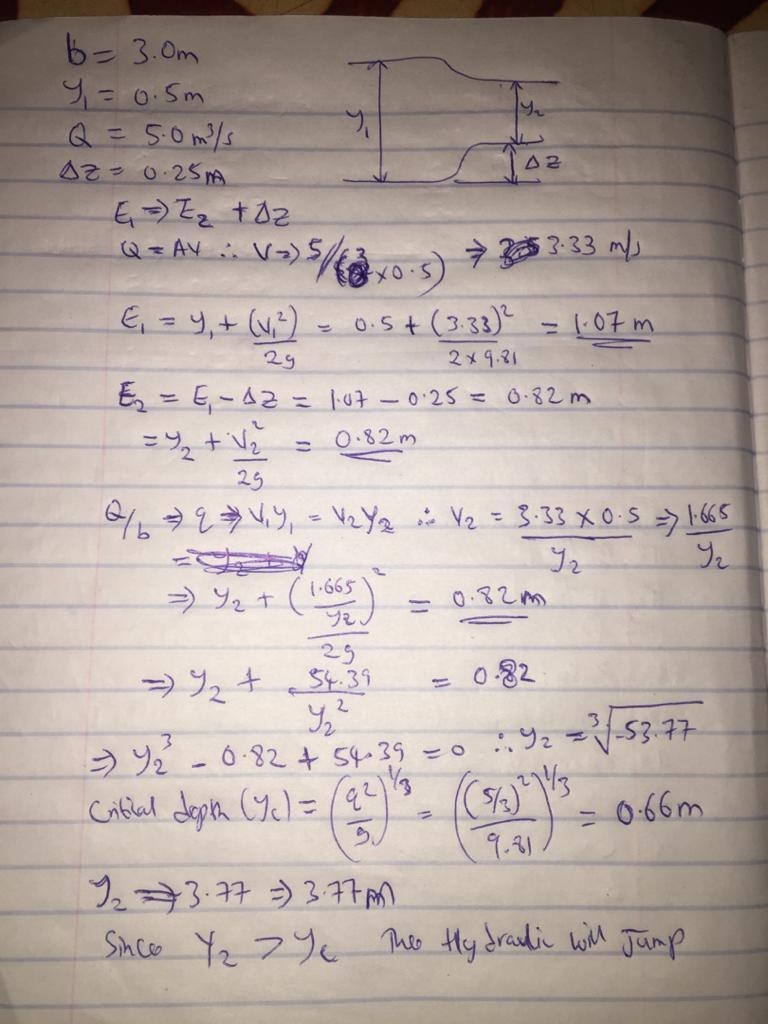 A rectangular channel 3.0 m wide has a flow rate of 5.0 m3/s with a normal depth of-example-1