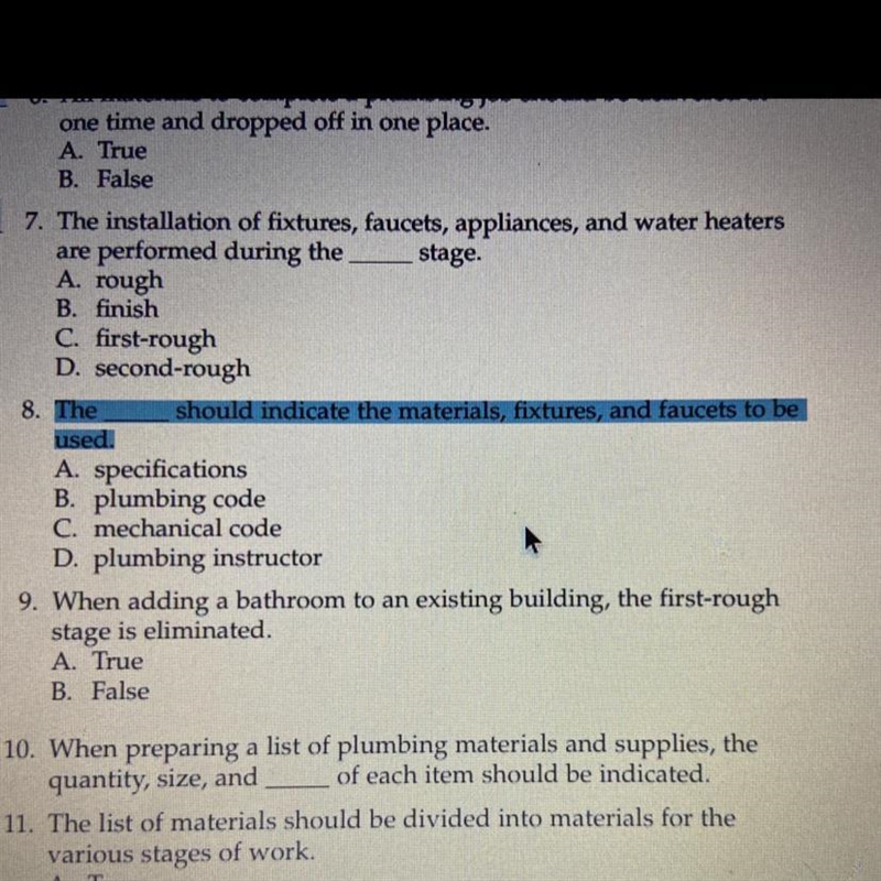 Plumbing The should indicate the materials, fixtures, and faucets to be used. A. specifications-example-1