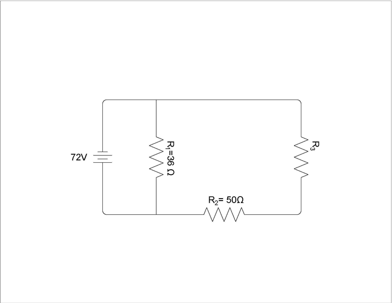 If the circuit current is 3 A, what is the value of R3? 72 volts R1= 36Ω R2= 50 Ω R-example-1