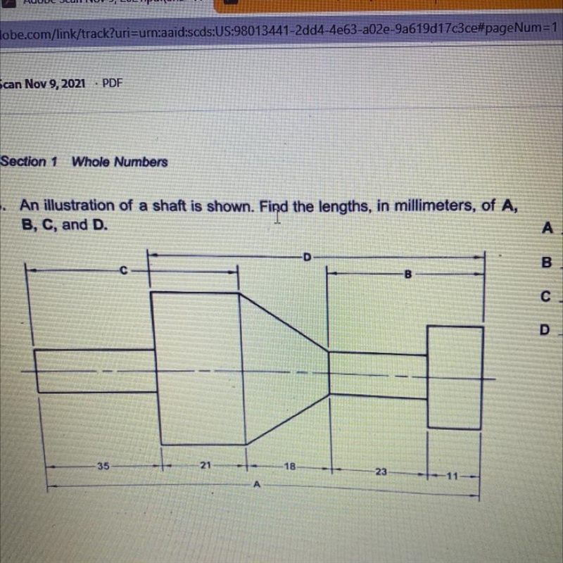 6 Section 1 Whole Numbers 18. An illustration of a shaft is shown. Find the lengths-example-1