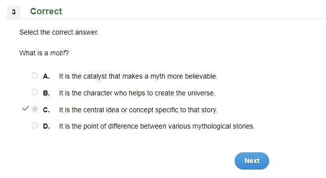 What is a motif? OA. It is the catalyst that makes a myth more believable. OB. It-example-1