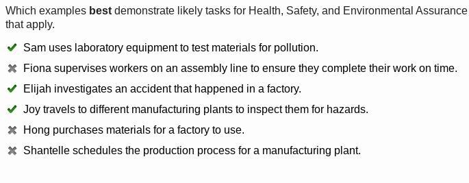 Which examples best demonstrate likely tasks for Health, Safety, and Environmental-example-1