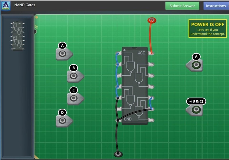 Connect wires to make the correct logic outputs. Outputs needed: ~(B&C), A. (Assignment-example-1