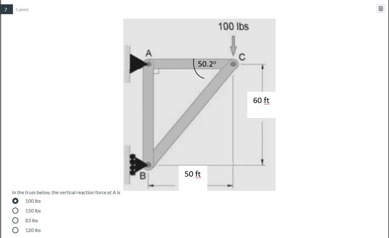 In the truss below, the vertical reaction force at A is-example-1