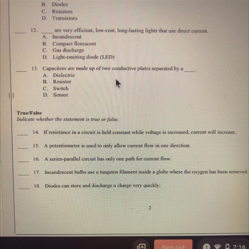 True/False I need to know the answer to question 12-18. This is an important grade-example-1