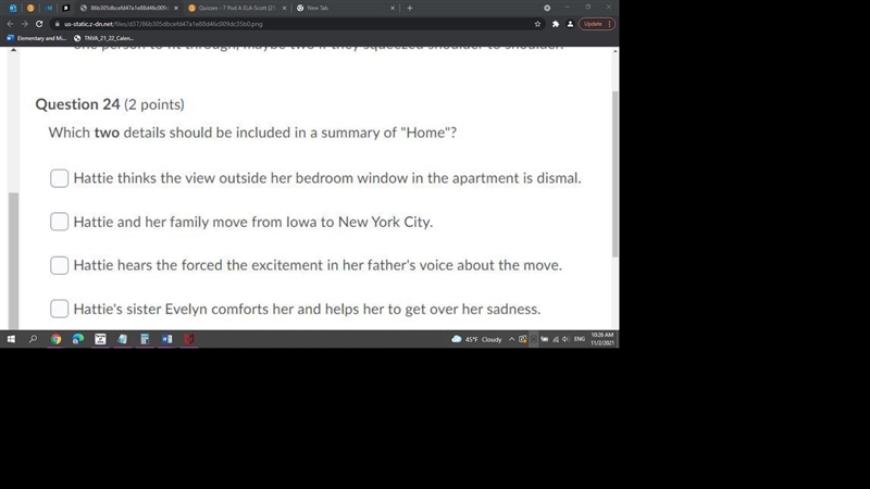 Which two details should be included in a summary of "Home"? Question 24 options-example-1